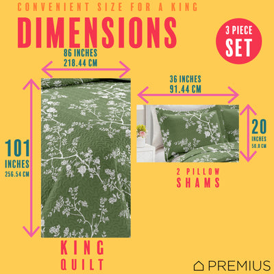 4 of 10:PREMIUS Fernando 3 Piece Microfiber Wrinkle-Free Quilt Set, Green-White 