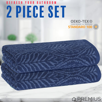 4 of 24:Serviette de bain PREMIUS en fil de coton teint, motif feuilles, 27 x 54 pouces 