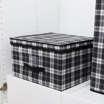 4 of 4:Home Basics Caja de almacenamiento gigante no tejida a cuadros con ventana para etiquetas, color negro 