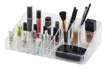 1 of 3:Plateau de maquillage Home Basics avec porte-rouge à lèvres, 20 compartiments, transparent, 32 x 8 x 20 cm 