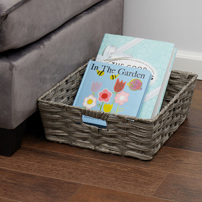 4 of 4:Home Basics Large Faux Rattan Basket with Cut-out Handles, Grey 