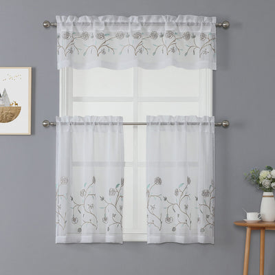 1 of 4:Vivian 3-Piece Floral Embroidered Kitchen Curtain Set With Valance, 60x15 Inches 