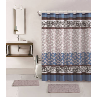 1 of 1:Martha 15 Piece Embossed Memory Foam Bathroom Mats and Shower Curtain Set, Grey 