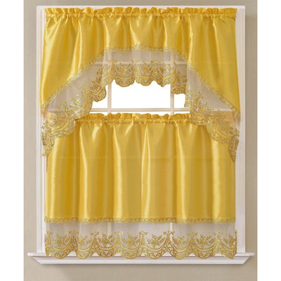 1 of 8:Ensemble de rideaux de cuisine Remi 3 pièces avec broderies à paillettes et cantonnière à volants, 76 x 91 cm 