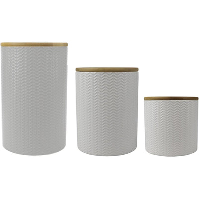 1 of 7:Home Basics 3 Piece Ceramic Canister Set with Bamboo Lids, Wave White 