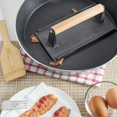 4 of 4:Home Basics Cast Iron Bacon Press with Wood Handle, Black 