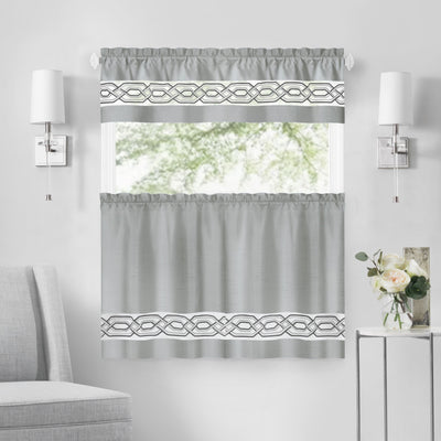 17 of 40:Paige Embroidered Kitchen Curtain and Valance Set, Tiers 55x36, Valance 55x13 Inches 