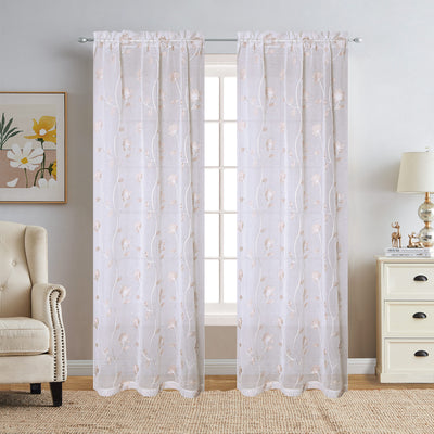 1 of 3:Debra 2 Piece Floral Embroidered Rod Pocket Window Panels, 38x84 Inches 