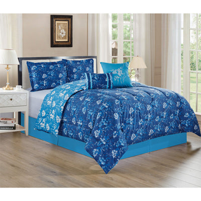1 of 1:Elba Flower Printed 5-Piece Comforter Set, Blue, King 