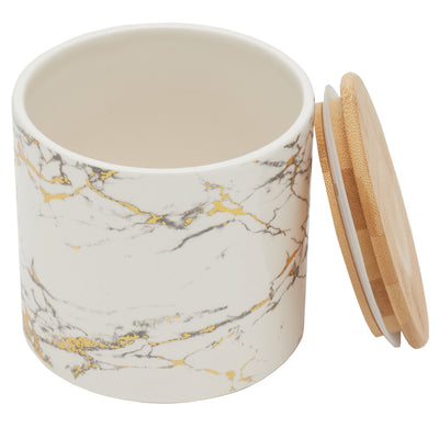 2 of 3:Petit pot en céramique effet marbre Home Basics avec couvercle en bambou, blanc 