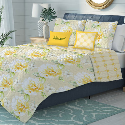 2 of 2:Selina Oversized 5-Piece Floral Reversible Quilt Set, Yellow 
