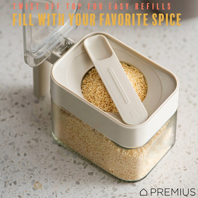 6 of 8:PREMIUS Stacking Glass Seasoning Spice Jar with No-Touch Spoon and Lid, White, 10.58 Ounces 