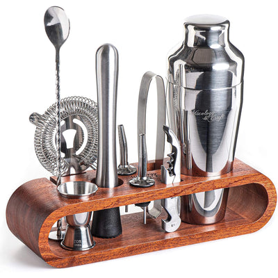 1 of 4:Kit de barman pour mixologie et artisanat : ensemble de 10 ustensiles de bar avec support en acajou, argenté 