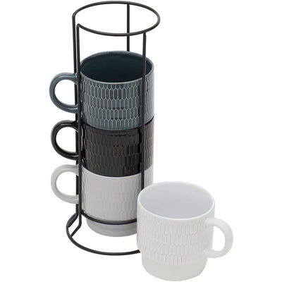 1 of 6:Home Basics 4 Piece Ceramic Stackable Mug Set With Stand, Embossed Obelisk 