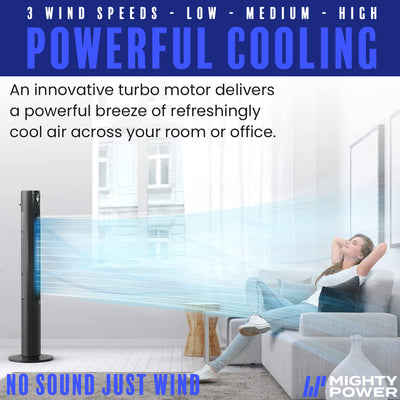 3 of 9:MIGHTY POWER 3 Speed LED Tower Fan With Remote Control, Timer, Night Mode, Black, 38 Inches 