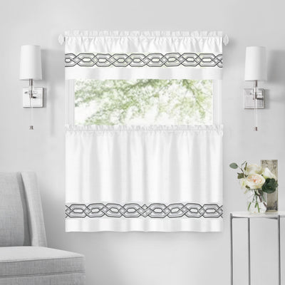 1 of 40:Paige Embroidered Kitchen Curtain and Valance Set, Tiers 55x36, Valance 55x13 Inches 