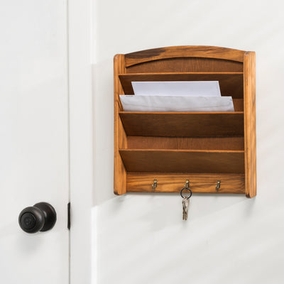 3 of 4:3-Tier Pine Letter Rack With Key Hooks - Natural 