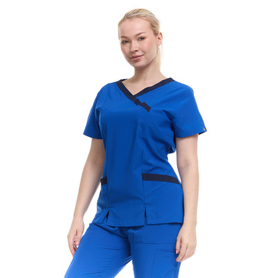 15 of 28:Heal Wear 4-Way Stretch Contrast Mock Wrap Women's Scrub Top 
