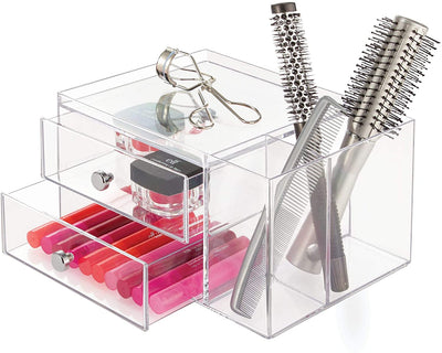 3 of 6:iDesign Plastic Vanity 2 Drawer Organizer with Side Caddy, 6.5x6.5x6.5 Inches, Clear 