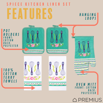 20 of 61:PREMIUS 5 Piece Printed Kitchen Linen Set, 2 Cotton Towels, 2 Pot Holders, 1 Oven Mitt 