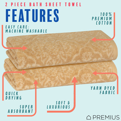 9 of 24:PREMIUS 2 Pack Damask 100% Cotton Yarn Dyed Bath Sheet Towel, 32x64 Inches 