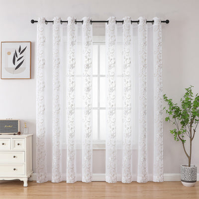 4 of 13:Runyan Floral Sheer Metallic Embroidered Grommet Window Panel, 54x84 Inches 