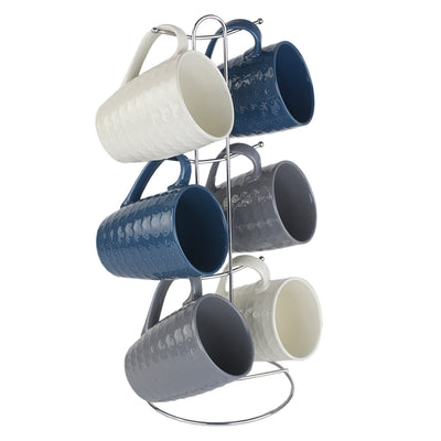 6 of 8:Ensemble de 7 tasses avec support diamant Home Basics (6 tasses, bleu marine, gris et blanc) 