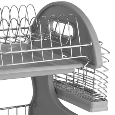 4 of 6:Home Basics 2-Tier Plastic Dish Drainer, Grey, 22x11x13.5 Inches 