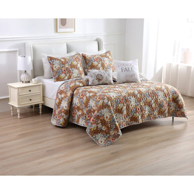2 of 2:Dunes 5 Piece Floral Oversized Microfiber Wrinkle-Free Quilt Set 