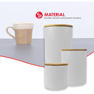 3 of 7:Home Basics 3 Piece Ceramic Canister Set with Bamboo Lids, Honeycomb White 