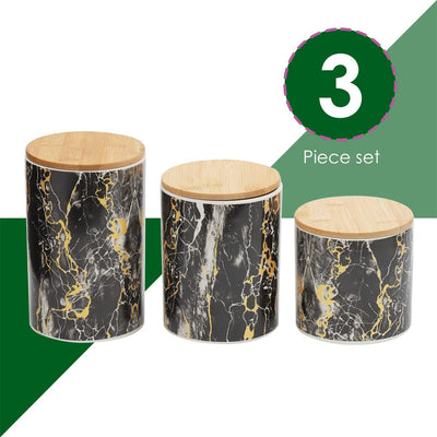 4 of 6:Home Basics 3 Piece Ceramic Canister Set with Bamboo Lids, Marble Black 