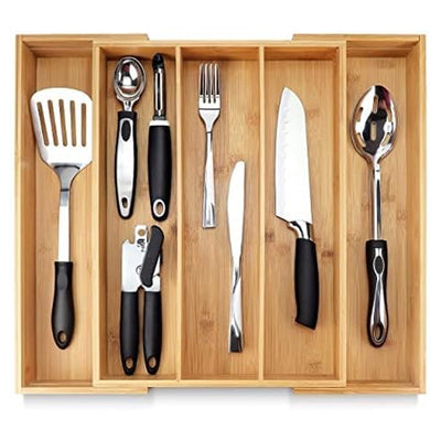 1 of 9:Plateau séparateur extensible et réglable en bois pour couverts en bambou Pristine, 5 emplacements, 43 x 49,3 x 6,1 cm 