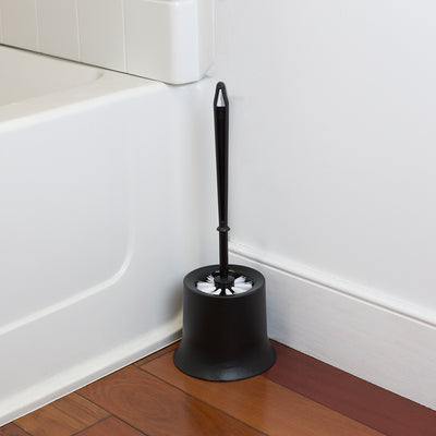 9 of 14:Home Basics Plastic Toilet Brush with Compact Holder, Black 