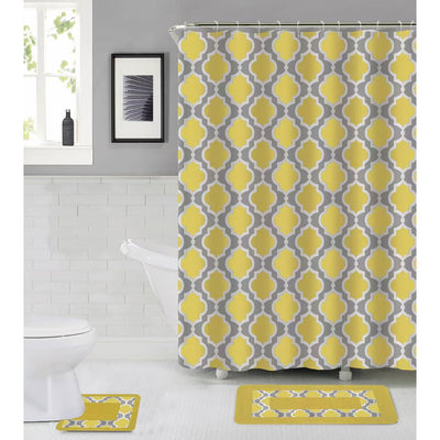 1 of 1:Bedford 15 Piece Trellis Banded Bathroom Mats and Shower Curtain Set, Yellow 
