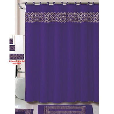 1 of 1:Laura 18 Piece Embroidered Bath Rug with Towel Set, Purple-Gold 