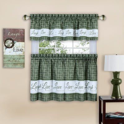 1 of 3:Juego de cenefa y par de cortinas para ventana Live, Love, Laugh - 58x24 - Verde 