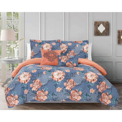 1 of 2:Carmen 5 Piece Reversible Floral Comforter Set, Blue-Gray & Orange 