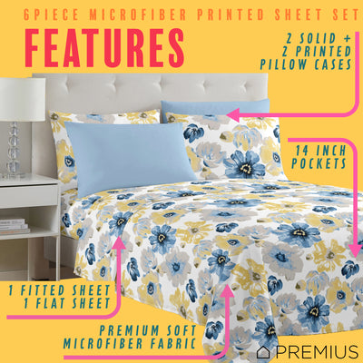 2 of 28:PREMIUS Eliana Soft Wrinkle-Free Microfiber Sheet Set, Blue-Yellow 