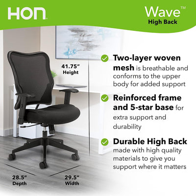 5 of 7:Chaise de bureau ergonomique HON Wave à dossier haut en maille, noire 