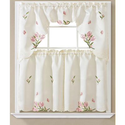 1 of 1:Shona 3 Piece Embroidered Kitchen Curtain Set, White, Swag 60x36, Tiers 30x36 Inches 