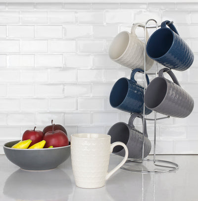 7 of 8:Ensemble de 7 tasses avec support diamant Home Basics (6 tasses, bleu marine, gris et blanc) 