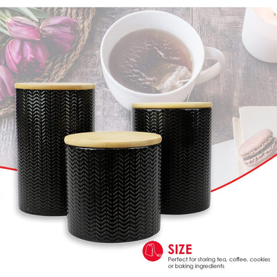 3 of 9:Home Basics 3 Piece Ceramic Canister Set with Bamboo Lids, Wave Black 