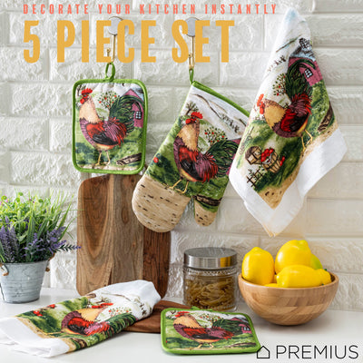 50 of 61:PREMIUS 5 Piece Printed Kitchen Linen Set, 2 Cotton Towels, 2 Pot Holders, 1 Oven Mitt 