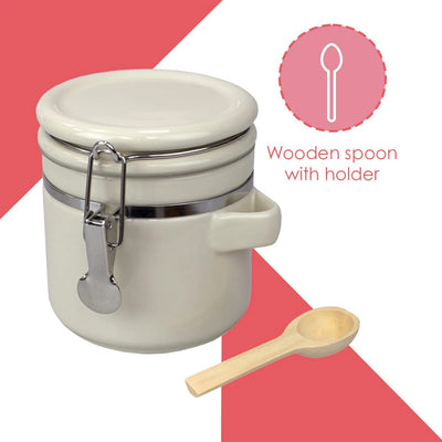 2 of 7:Home Basics 4 Piece Ceramic Canisters with Air-Tight Clamp Lid and Wooden Spoons, Beige 