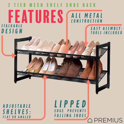 2 of 6:PREMIUS 2 Layer Stackable Mesh Shelf Shoe Rack, Black, 29x12x16.5 Inches 