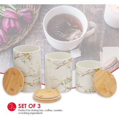 2 of 5:Home Basics 3 Piece Ceramic Canister Set with Bamboo Lids, Marble White 