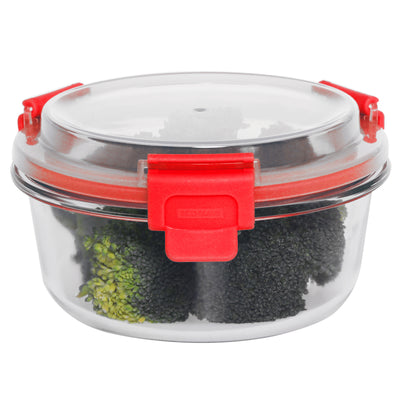 1 of 4:Home Basics Boîte ronde de conservation des aliments en verre borosilicaté anti-fuite et anti-éclaboussures, lavable au lave-vaisselle, avec couvercle hermétique en plastique, rouge, 21 oz 