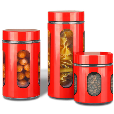1 of 4:Premius Airtight 3-Piece Kitchen Glass Canister Set, Red 