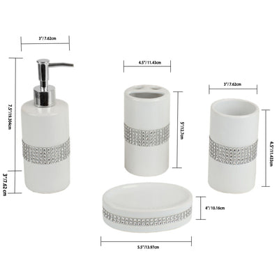 6 of 6:Ensemble d'accessoires de bain de luxe Home Basics, 4 pièces, en céramique, avec de superbes paillettes, blanc 
