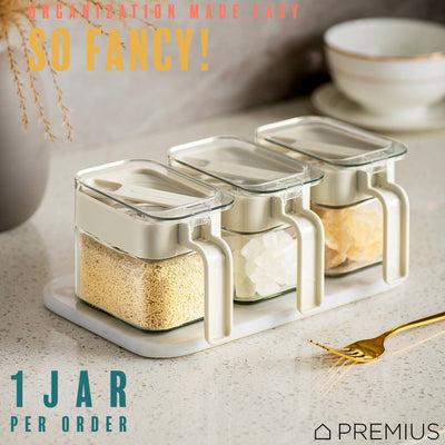 4 of 8:PREMIUS Stacking Glass Seasoning Spice Jar with No-Touch Spoon and Lid, White, 10.58 Ounces 